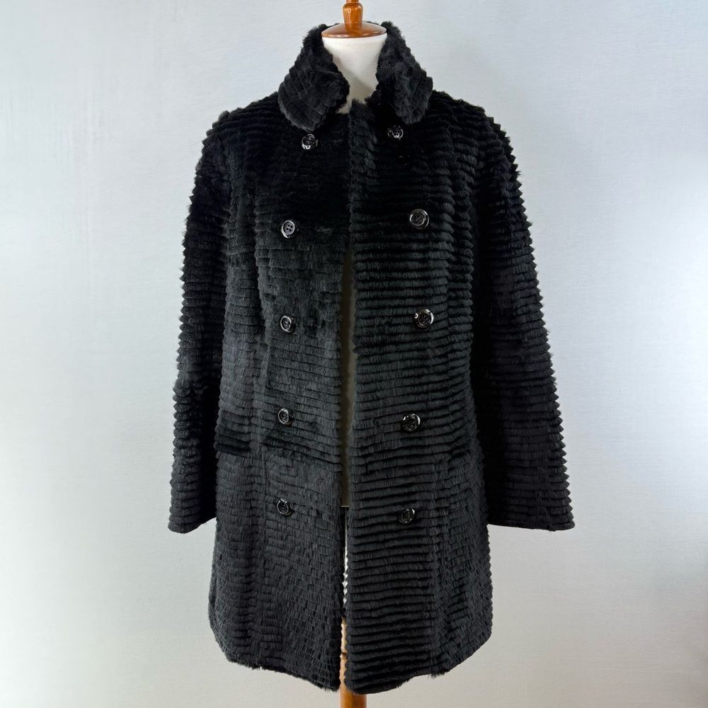 Per Se Black Rabbit Fur Mid-Length Satin Lined Coat